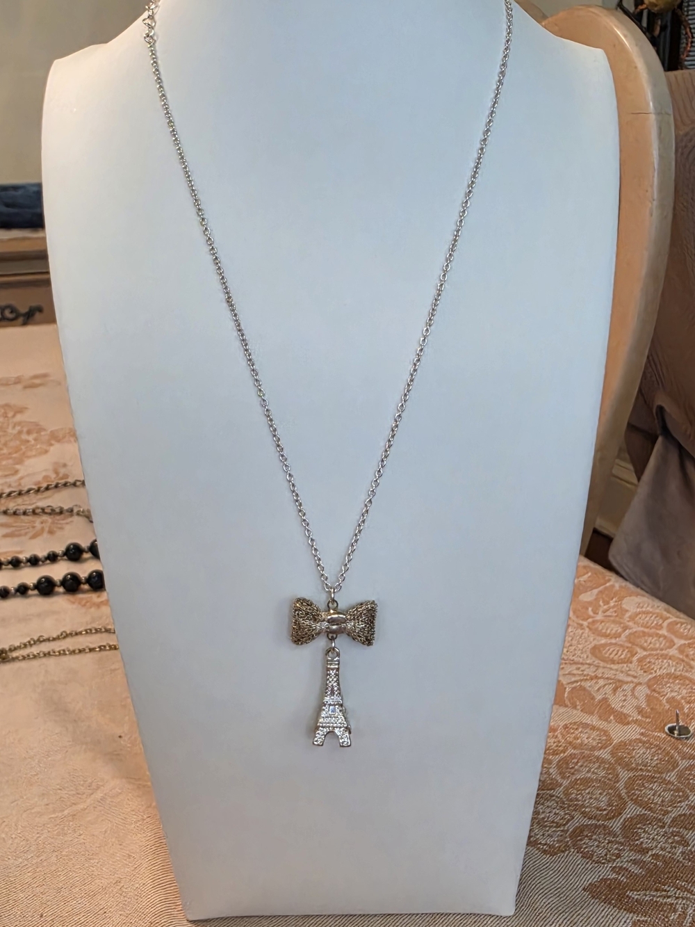Silver-tone Eiffel Tower & Bow Pendant Necklace - Women Jewelry
